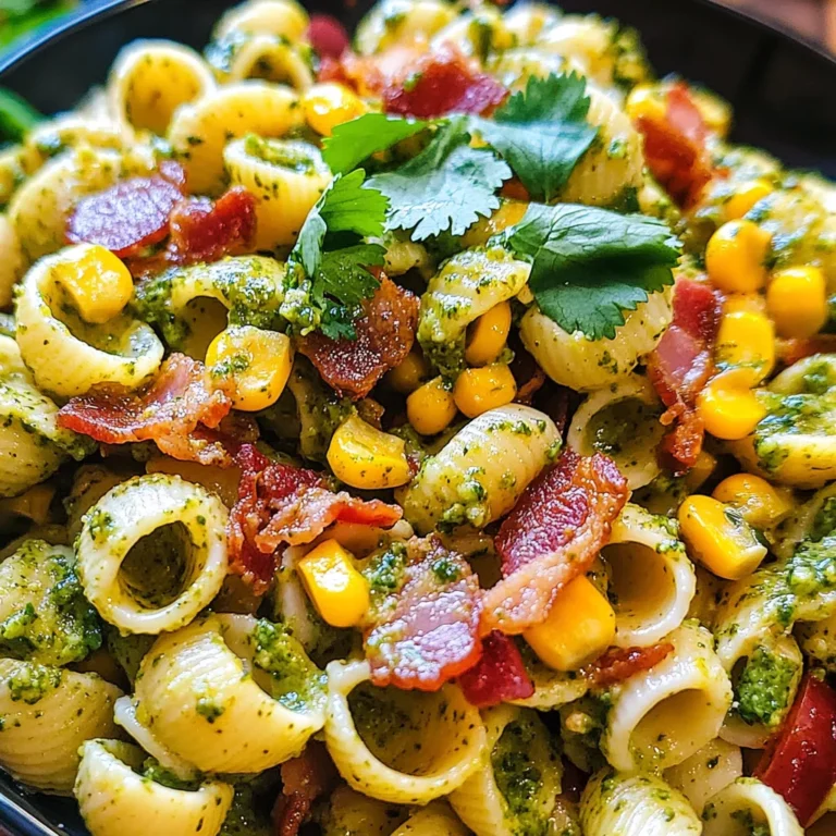 Corn Pasta Salad with Turkey Bacon and Creamy Pesto Dressing