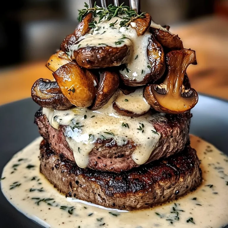 Beef And Mushroom Stack With Thyme Feta Cream Sauce